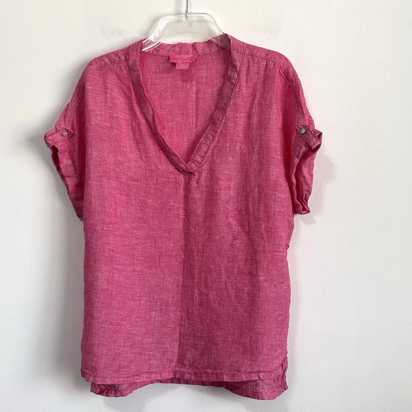 Isaac Mizrahi Linen Top S Short Sleeve Pink Cap Sleeve Summer Spring V Neck - Picture 1 of 11